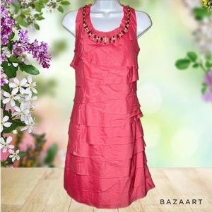 🪅 J.R. NITES Coral Pink Sleeveless Knee Length Tiered Ruffle Party Dress